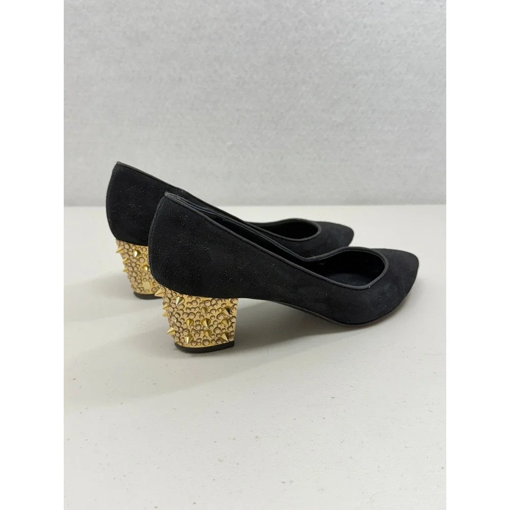 Giuseppe Zanotti Black Suede Studded Crystal Block Heel Pumps Pointed Toe 37 7